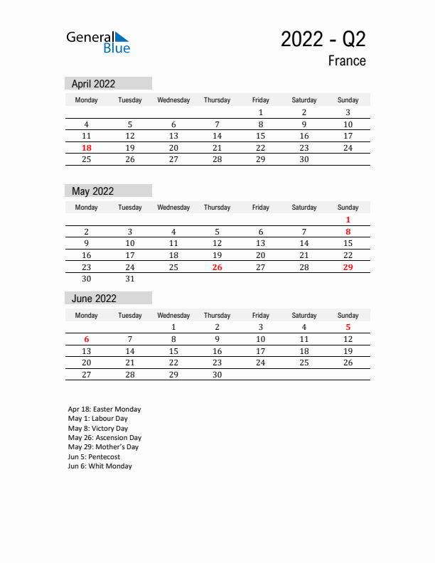 France Quarter 2 2022 Calendar with Holidays