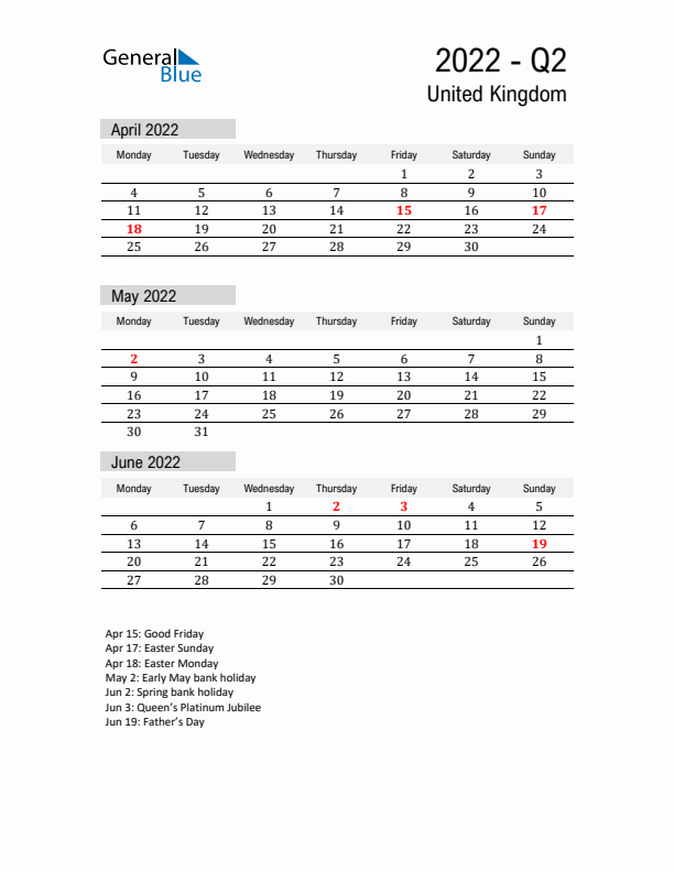 United Kingdom Quarter 2 2022 Calendar with Holidays