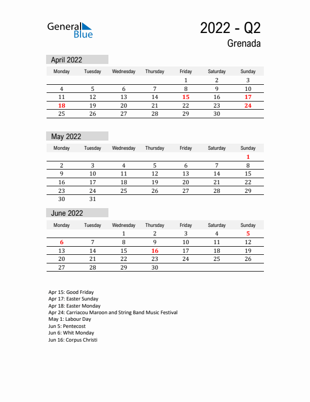 Grenada Quarter 2 2022 Calendar with Holidays