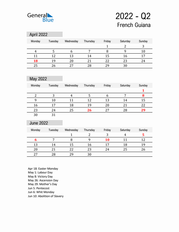 French Guiana Quarter 2 2022 Calendar with Holidays