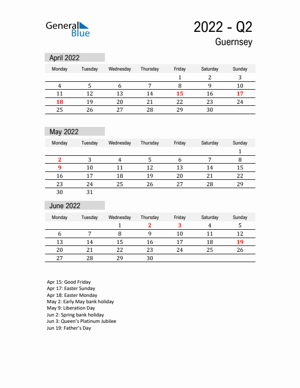 Guernsey Quarter 2 2022 Calendar with Holidays