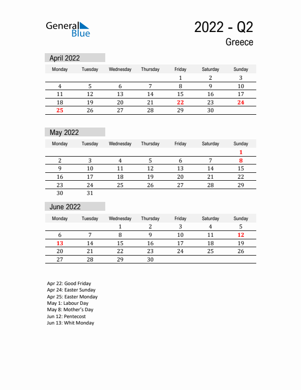 Greece Quarter 2 2022 Calendar with Holidays