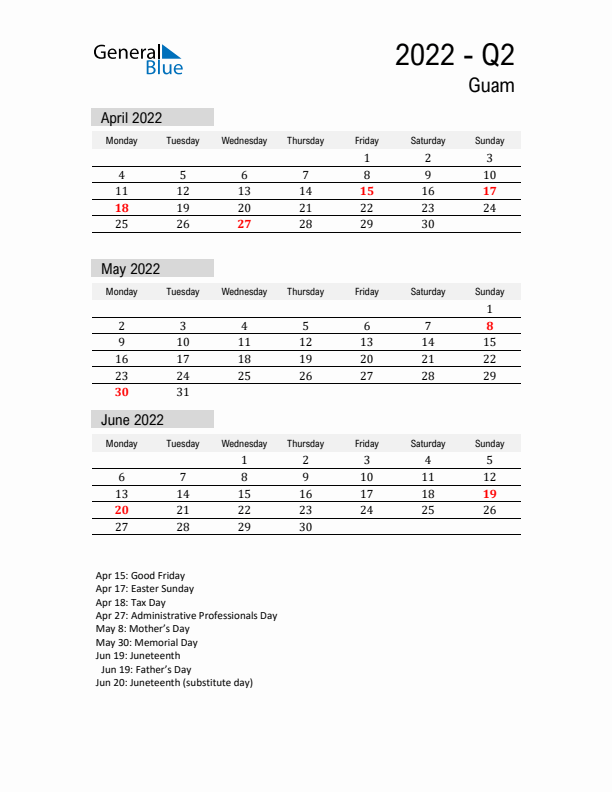 Guam Quarter 2 2022 Calendar with Holidays