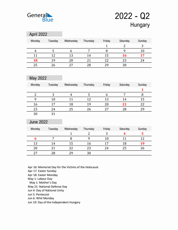 Hungary Quarter 2 2022 Calendar with Holidays