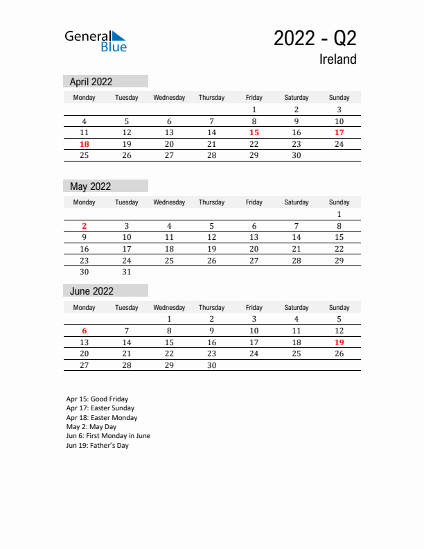 Ireland Quarter 2 2022 Calendar with Holidays