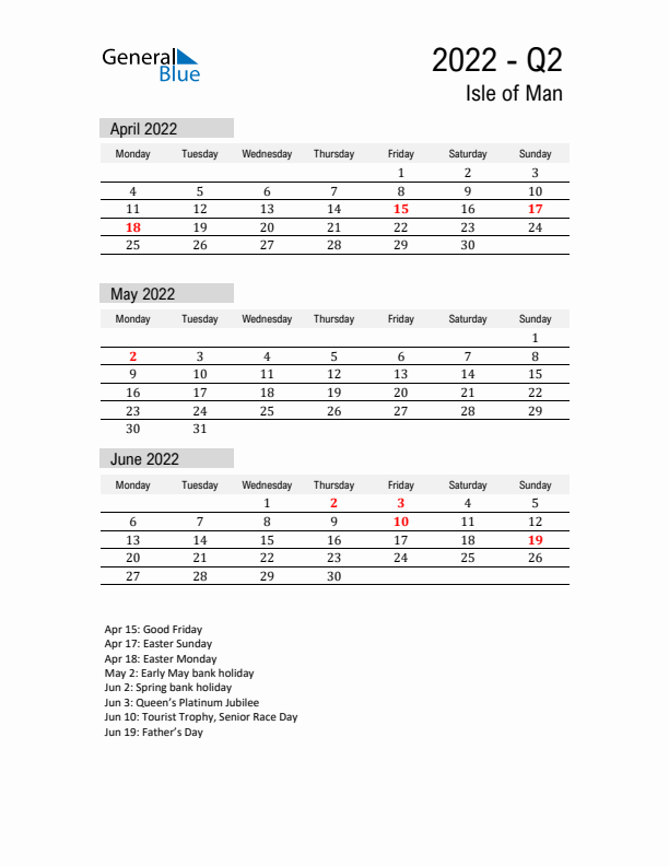 Isle of Man Quarter 2 2022 Calendar with Holidays