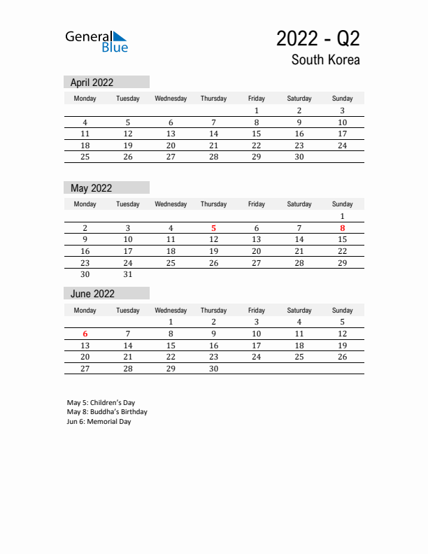 South Korea Quarter 2 2022 Calendar with Holidays