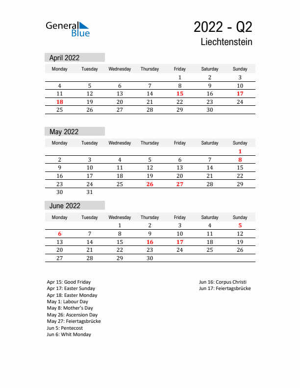 Liechtenstein Quarter 2 2022 Calendar with Holidays