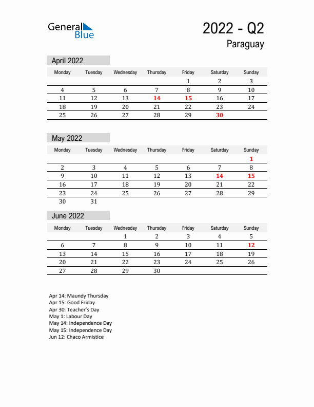 Paraguay Quarter 2 2022 Calendar with Holidays