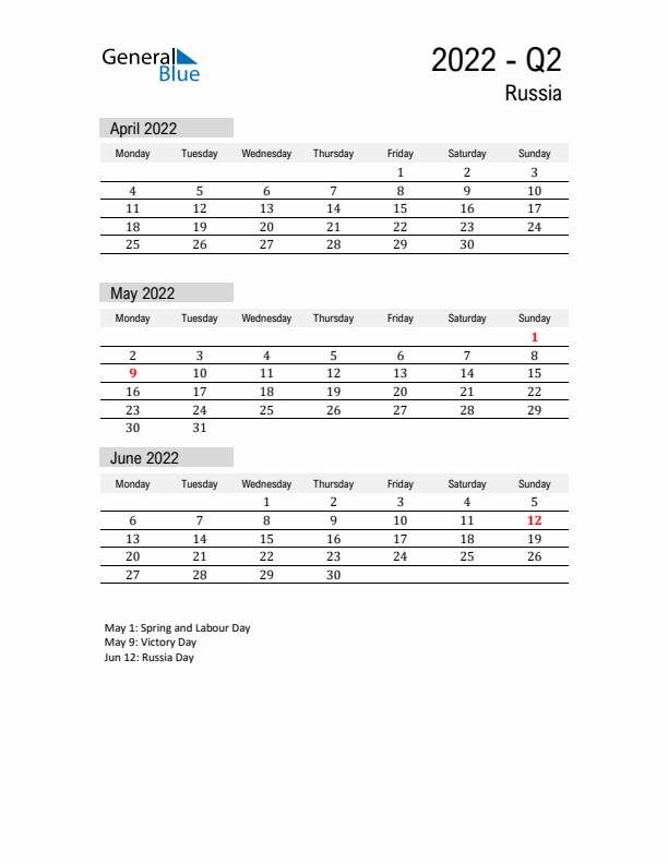 Russia Quarter 2 2022 Calendar with Holidays