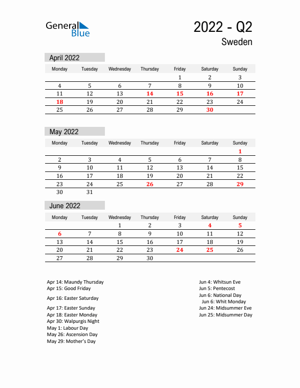 Sweden Quarter 2 2022 Calendar with Holidays