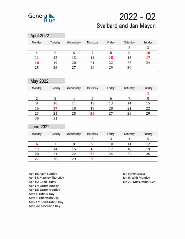 Svalbard and Jan Mayen Quarter 2 2022 Calendar with Holidays