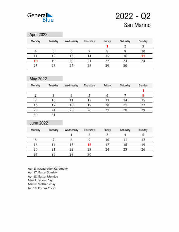 San Marino Quarter 2 2022 Calendar with Holidays