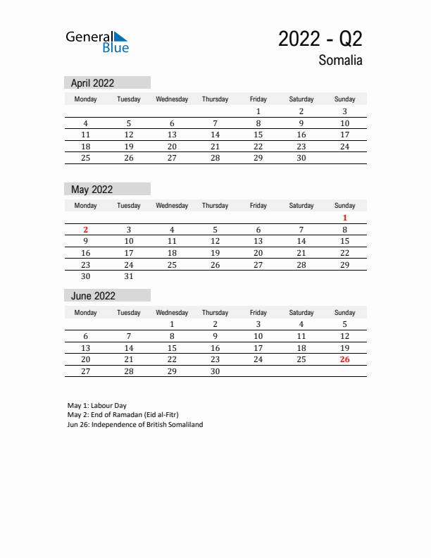 Somalia Quarter 2 2022 Calendar with Holidays