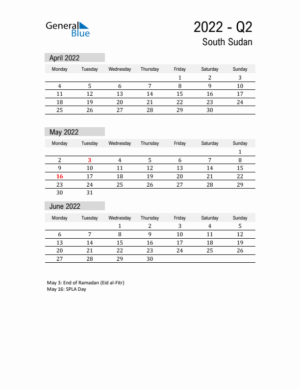 South Sudan Quarter 2 2022 Calendar with Holidays