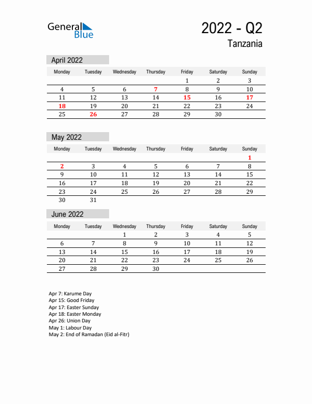 Tanzania Quarter 2 2022 Calendar with Holidays