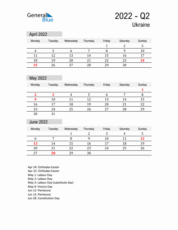 Ukraine Quarter 2 2022 Calendar with Holidays