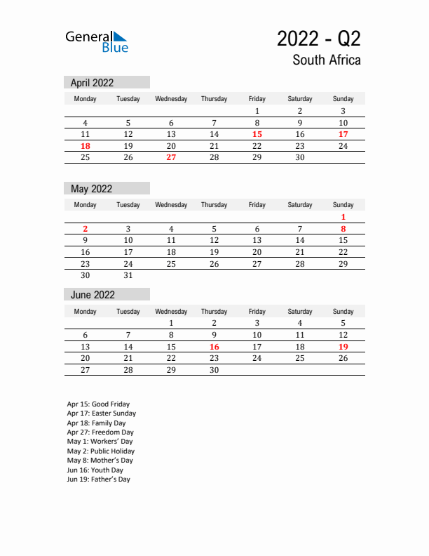 South Africa Quarter 2 2022 Calendar with Holidays