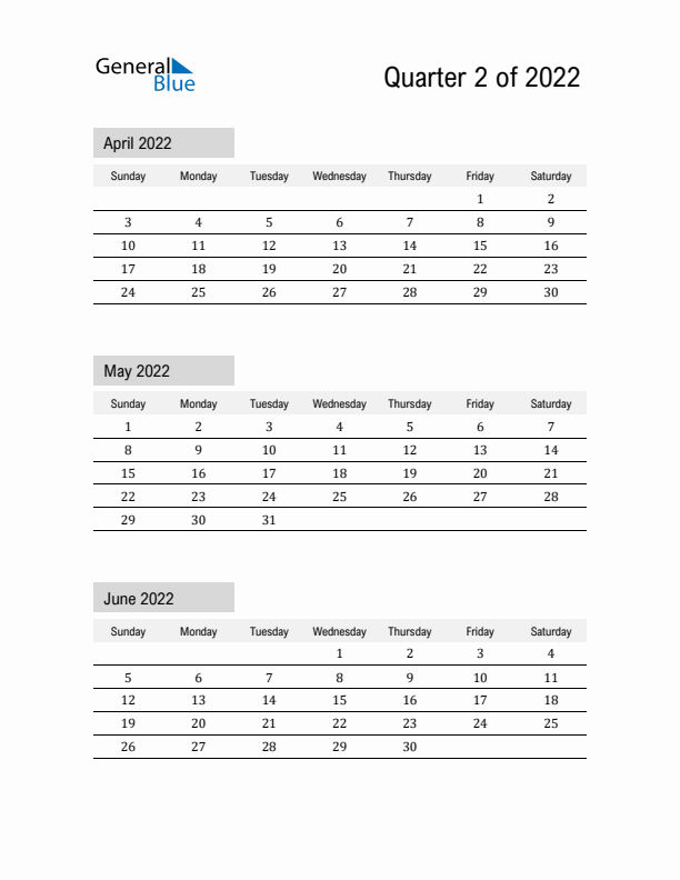 April, May, and June Calendar 2022