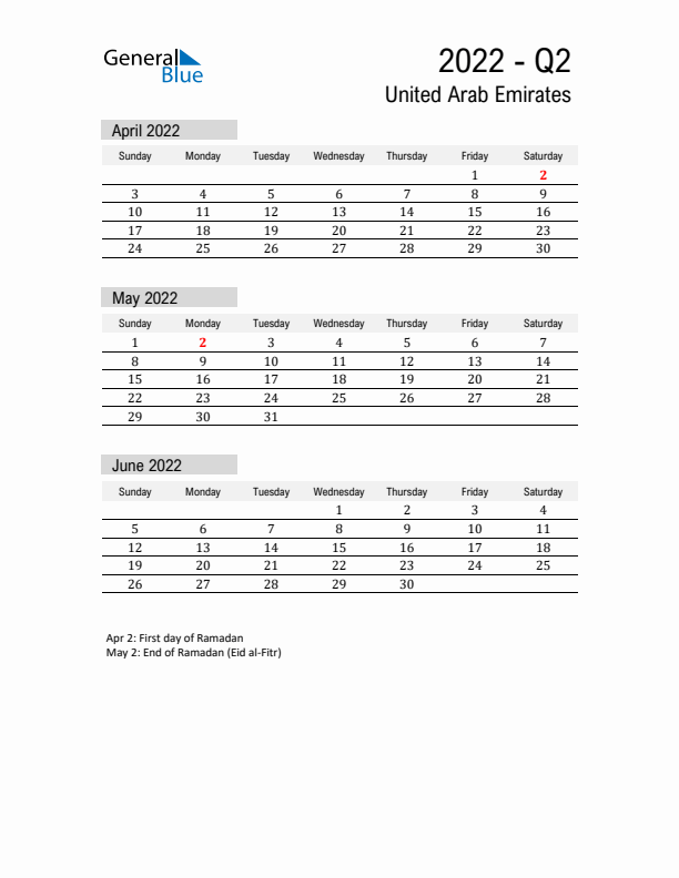 United Arab Emirates Quarter 2 2022 Calendar with Holidays