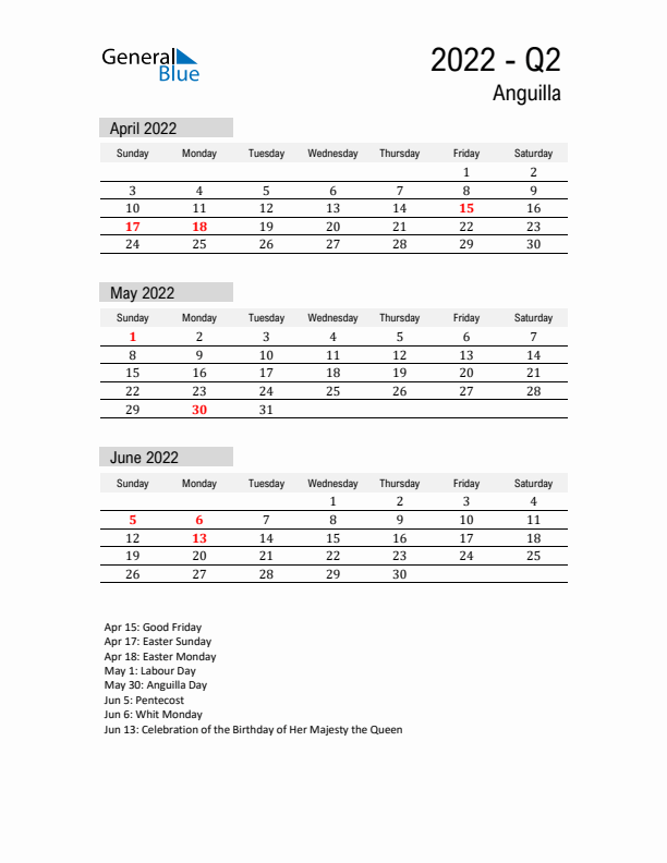 Anguilla Quarter 2 2022 Calendar with Holidays