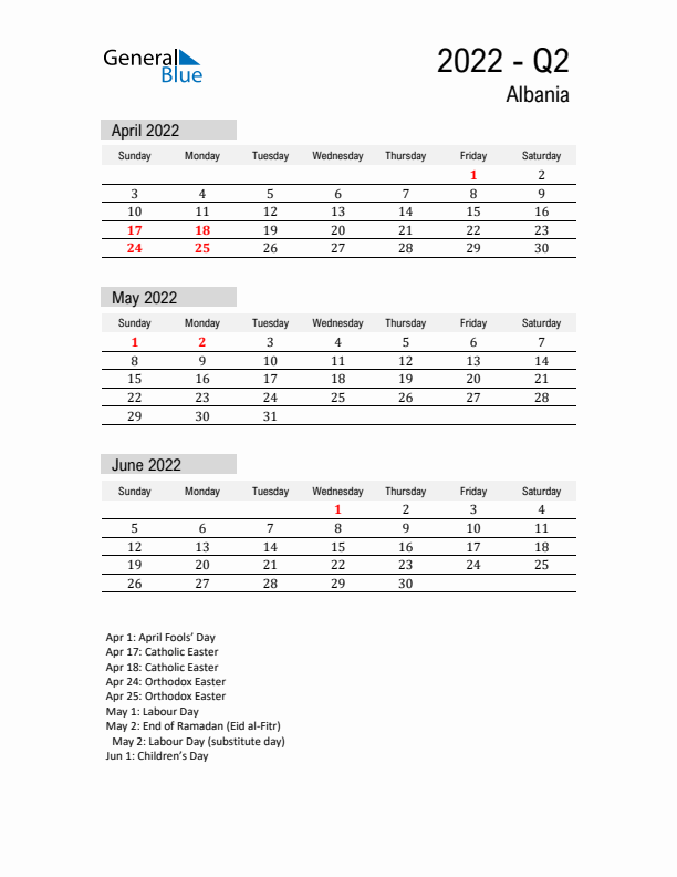 Albania Quarter 2 2022 Calendar with Holidays