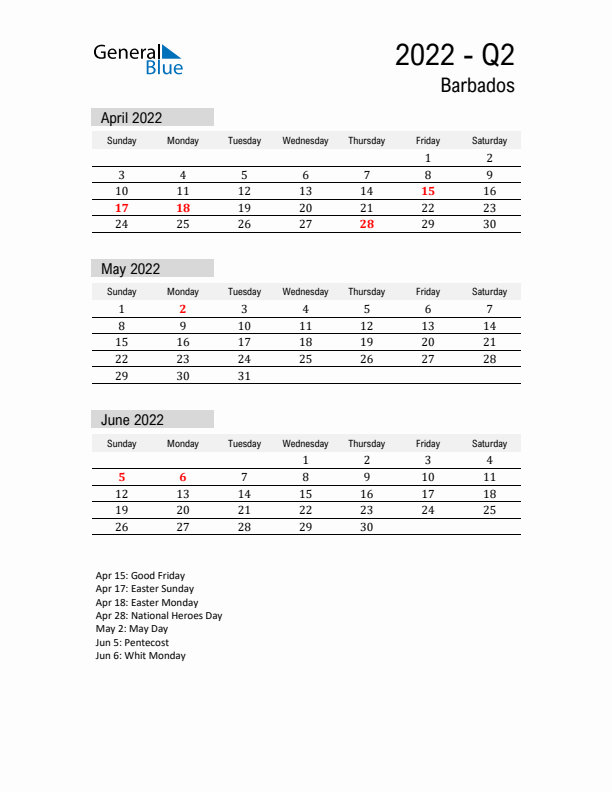 Barbados Quarter 2 2022 Calendar with Holidays