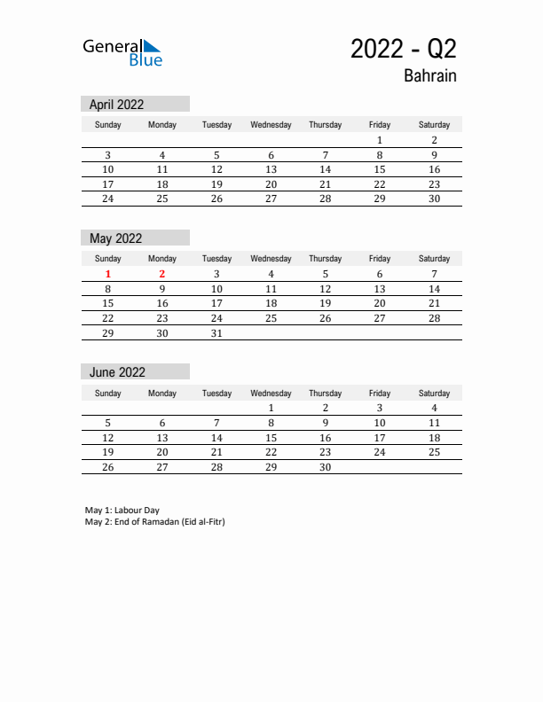 Bahrain Quarter 2 2022 Calendar with Holidays