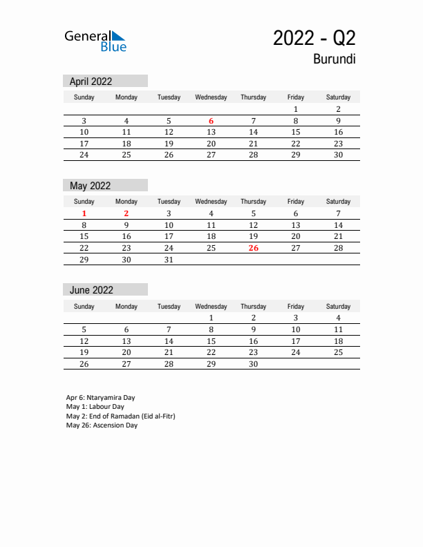 Burundi Quarter 2 2022 Calendar with Holidays