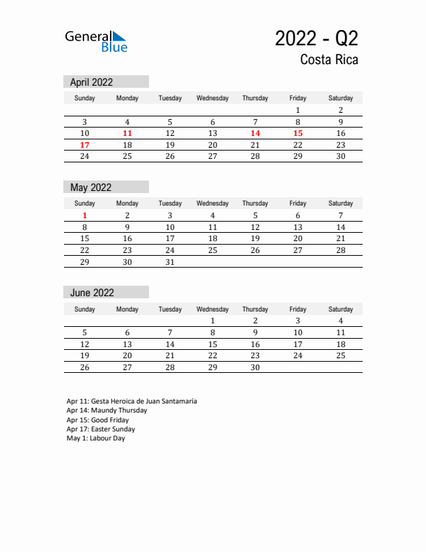 Costa Rica Quarter 2 2022 Calendar with Holidays