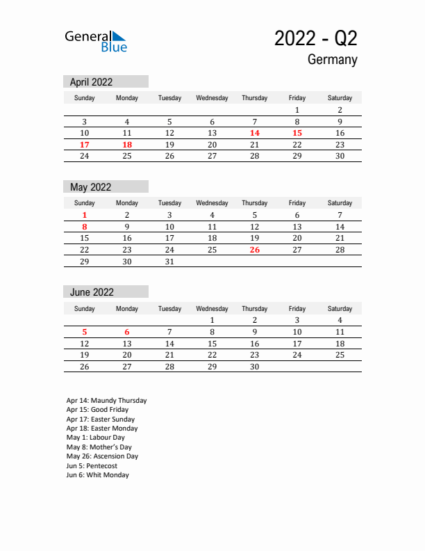 Germany Quarter 2 2022 Calendar with Holidays