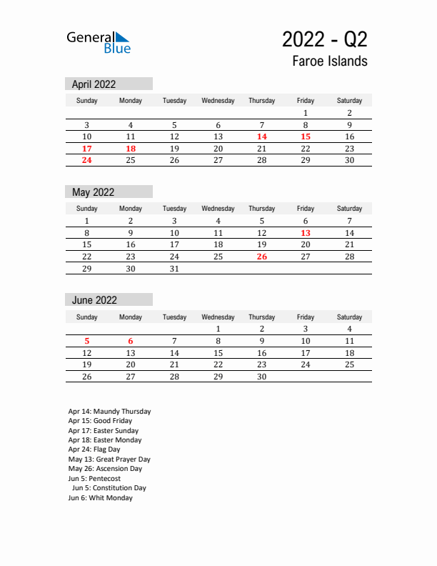 Faroe Islands Quarter 2 2022 Calendar with Holidays