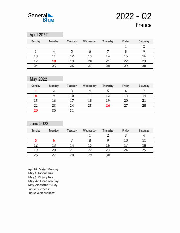 France Quarter 2 2022 Calendar with Holidays