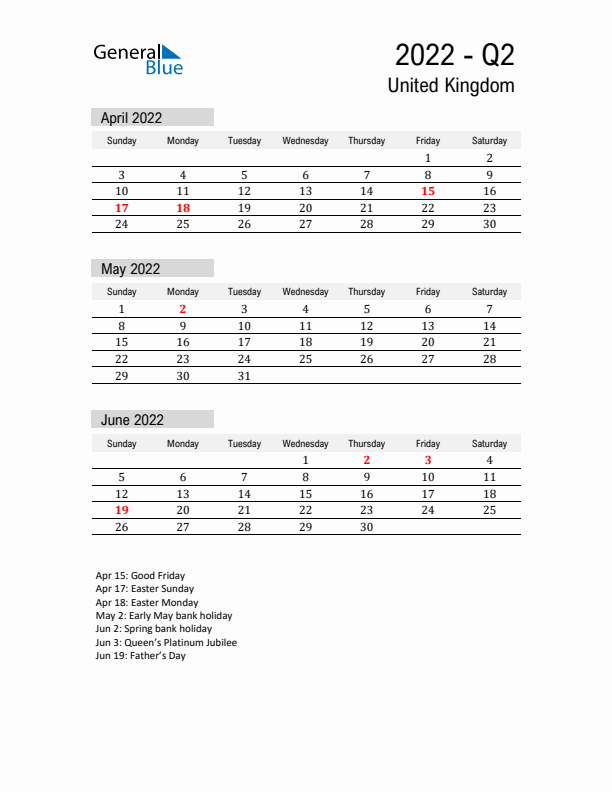 United Kingdom Quarter 2 2022 Calendar with Holidays