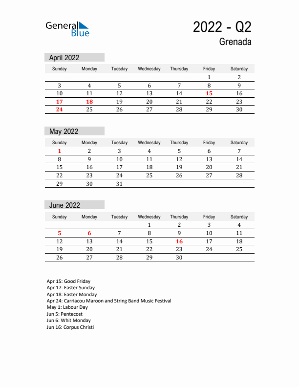 Grenada Quarter 2 2022 Calendar with Holidays