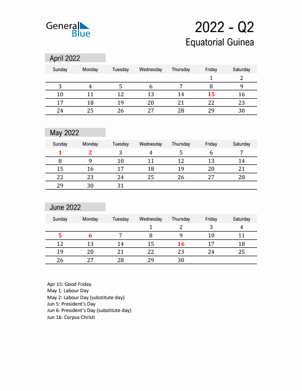 Equatorial Guinea Quarter 2 2022 Calendar with Holidays