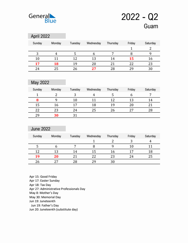 Guam Quarter 2 2022 Calendar with Holidays