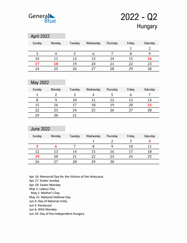 Hungary Quarter 2 2022 Calendar with Holidays