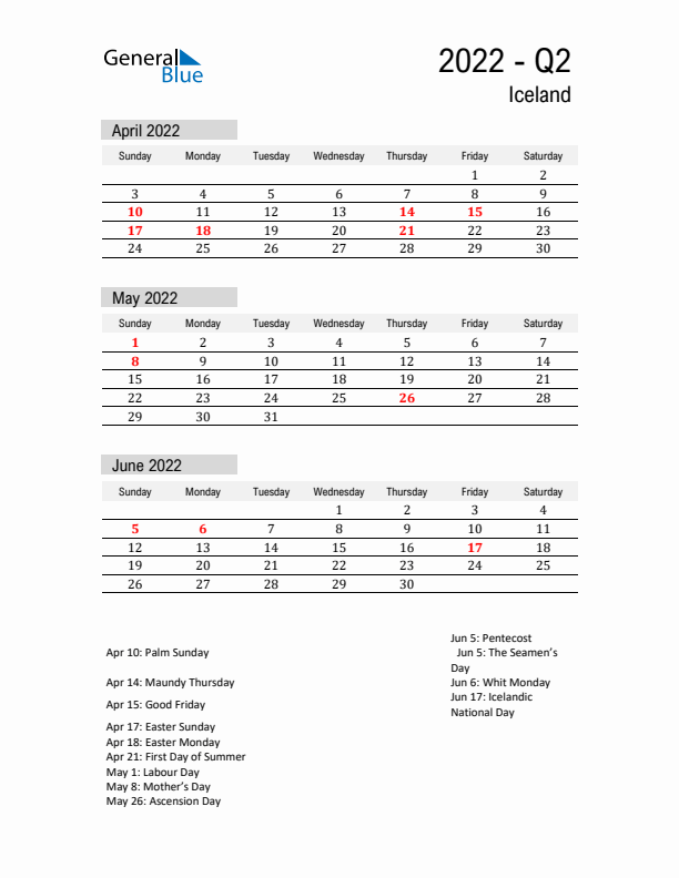 Iceland Quarter 2 2022 Calendar with Holidays