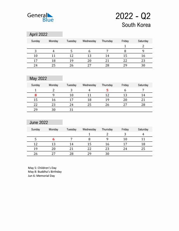 South Korea Quarter 2 2022 Calendar with Holidays