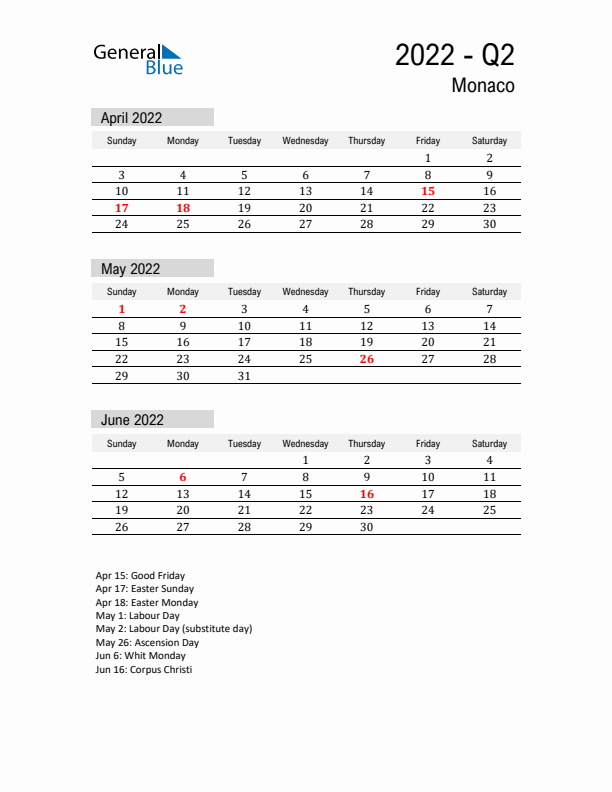 Monaco Quarter 2 2022 Calendar with Holidays