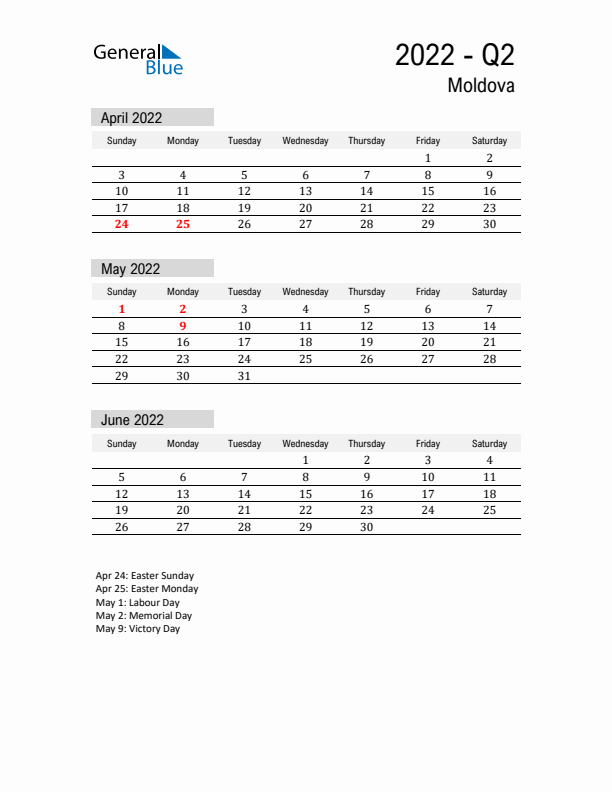 Moldova Quarter 2 2022 Calendar with Holidays