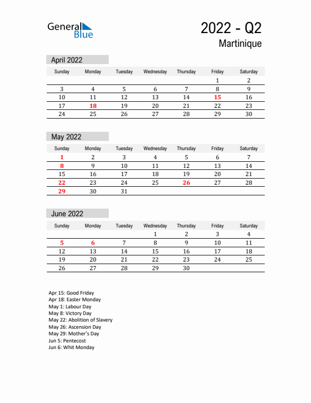 Martinique Quarter 2 2022 Calendar with Holidays