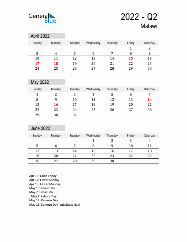 Malawi Quarter 2 2022 Calendar with Holidays