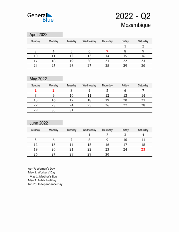 Mozambique Quarter 2 2022 Calendar with Holidays