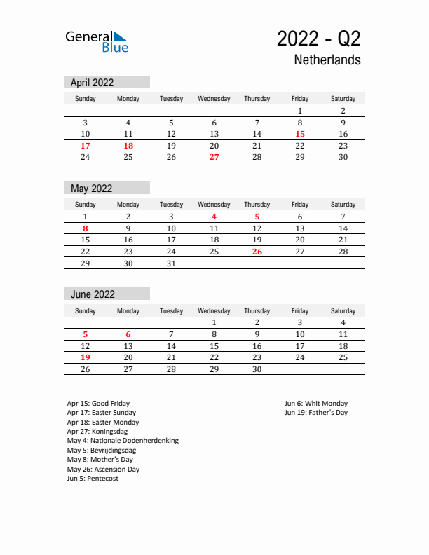 The Netherlands Quarter 2 2022 Calendar with Holidays