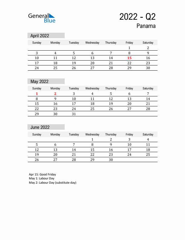 Panama Quarter 2 2022 Calendar with Holidays