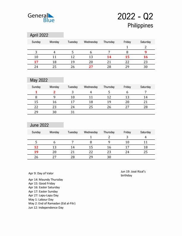 Philippines Quarter 2 2022 Calendar with Holidays