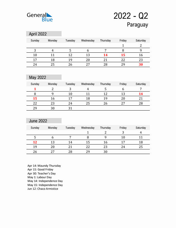 Paraguay Quarter 2 2022 Calendar with Holidays