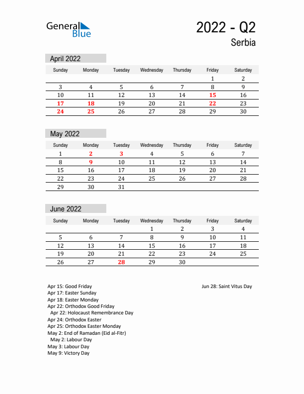 Serbia Quarter 2 2022 Calendar with Holidays